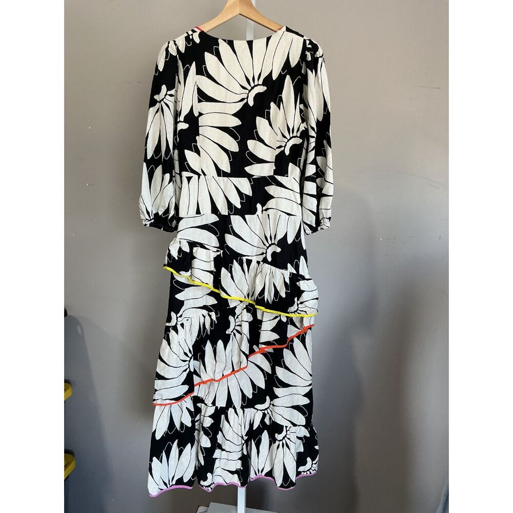 FARM Rio Cutout Tiered Maxi Dress Black White Bishop Sleeves Medium - Picture 7 of 9
